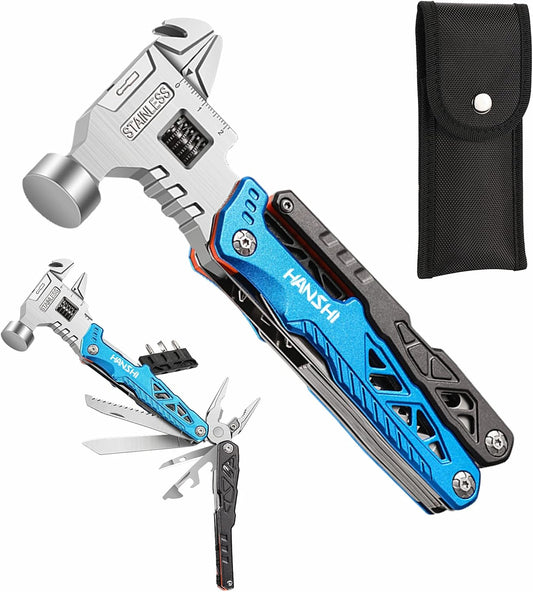 HANSHI Upgraded Adjustable Wrench Multitool Hammer with YG10 Tungsten Steel Replaceable Wire Cutters for Men-18 in 1 Pocket Multi Tool Knife with Spring-Action Pliers for Camping-Survival (Blue)