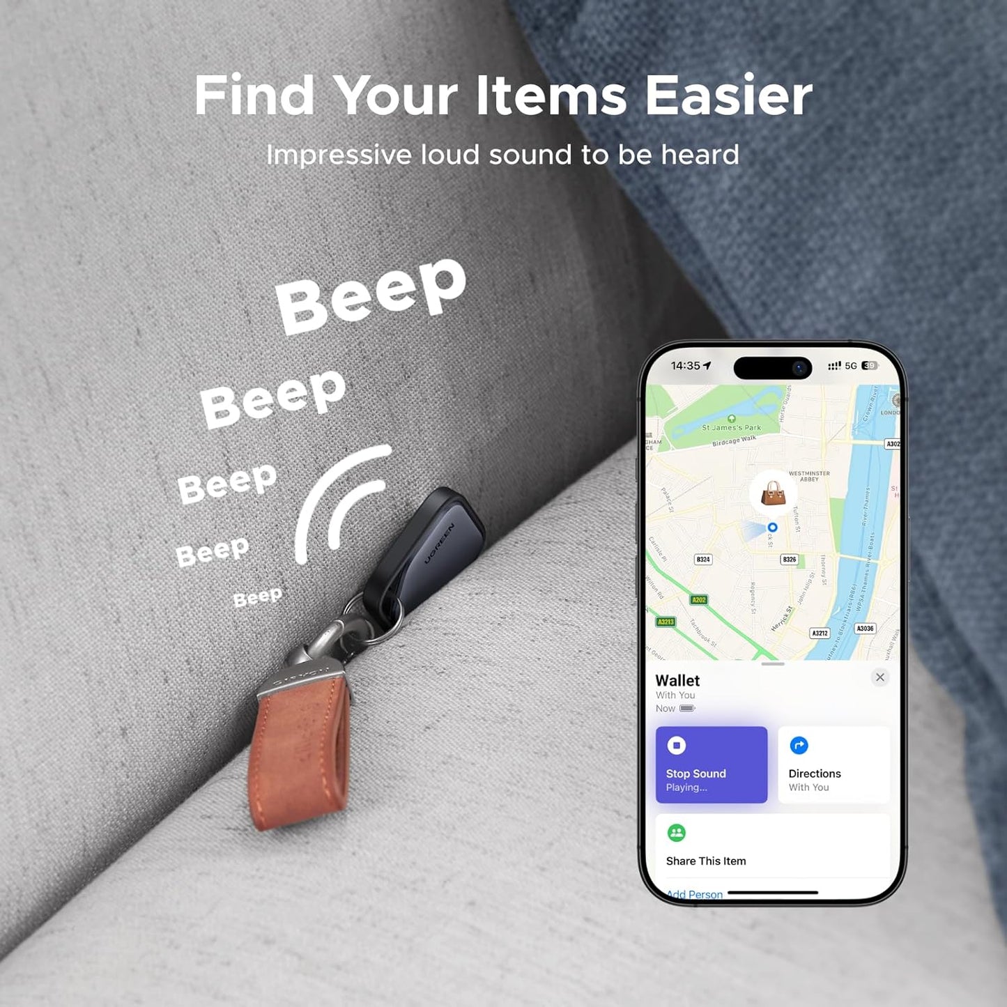 UGREEN FineTrack Smart Finder, Bluetooth Tracker Tag, 2-Year Replaceable Battery, Compatible with Apple Find My (iOS only), 80dB Alarm Volume, Item Finder and Locator for Keys, Wallet, Luggage, Car